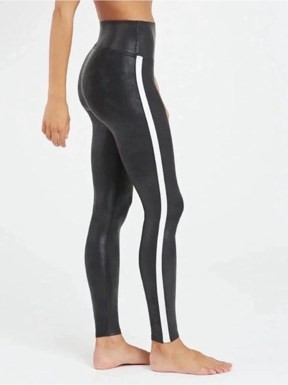 SPANX Faux Leather Leggings Black White Side Stripe Shaping Pants Women’s Size M
